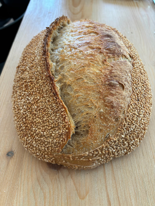 Sourdough Country Loaf, Made with Organic ingredients and Sesame Seeds.
